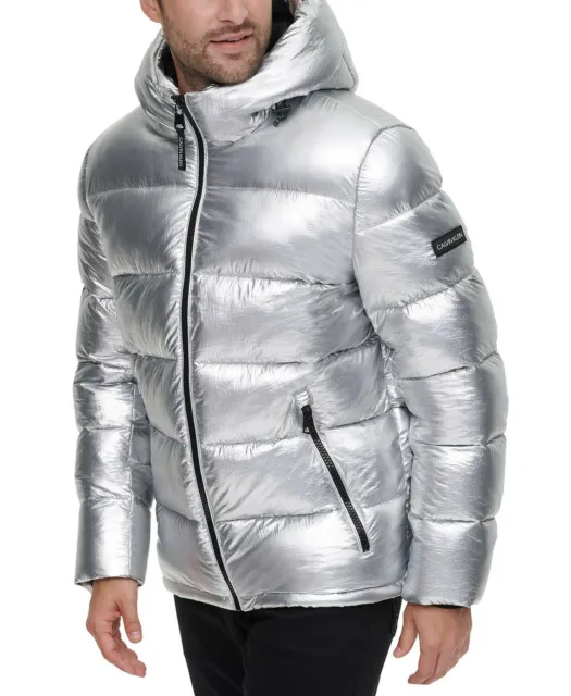 CALVIN KLEIN Mens S High Shine Silver Metallic Hooded Puffer Jacket NWT NLA $250