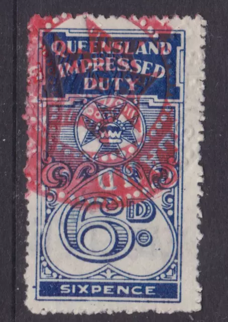 QUEENSLAND 1939 6d Blue IMPRESSED DUTY ROUGH PERFS REVENUE STAMP (NM40)