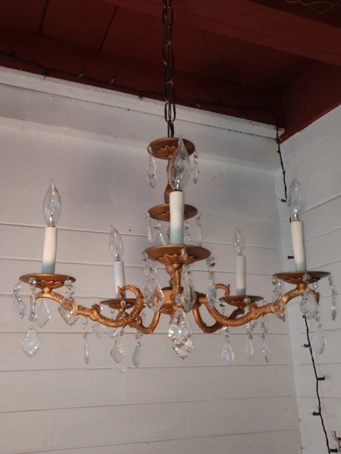 Vintage Spanish Solid Brass 5 Arm, Ornate Chandelier painted Antique Gold
