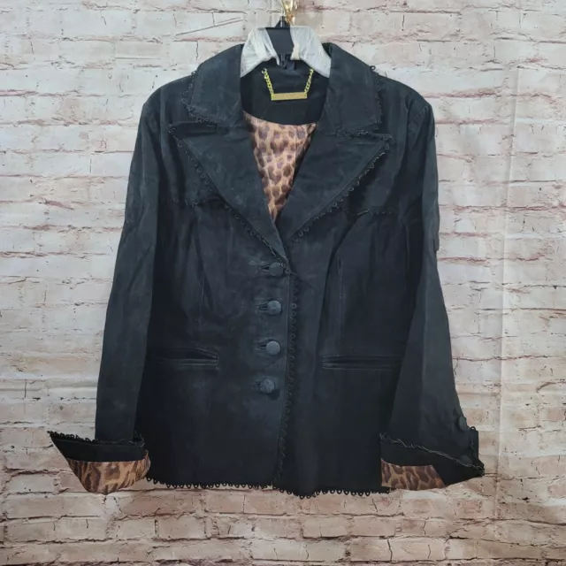 Vintage IMAN Womans Jacket XL Black Genuine Suede Leather Animal Print Lining