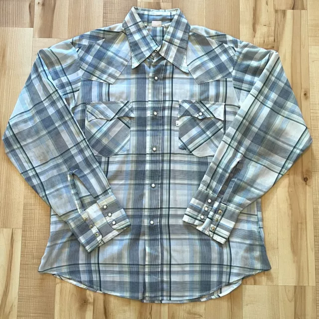 Vintage 70s Levis Pearl Snap Shirt Mens Large Blue White Plaid Western Cowboy