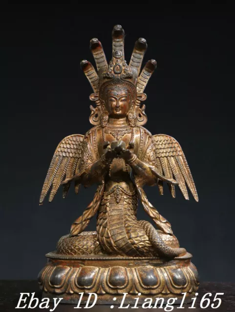 9.8" Buddhismus Reine Bronze 5-Köpfe Schlange Naga Kanya Bodhisattva Statue