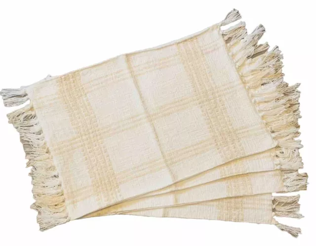 Cynthia Rowley New York Ivory Beige Plaid Cotton Weave, Fringed 24x12” Placemats