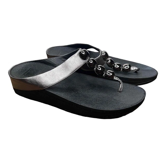 Fitflop Pewter Dark Silver Rola T-Strap Thong Beaded Flip Platform Sandals US 10