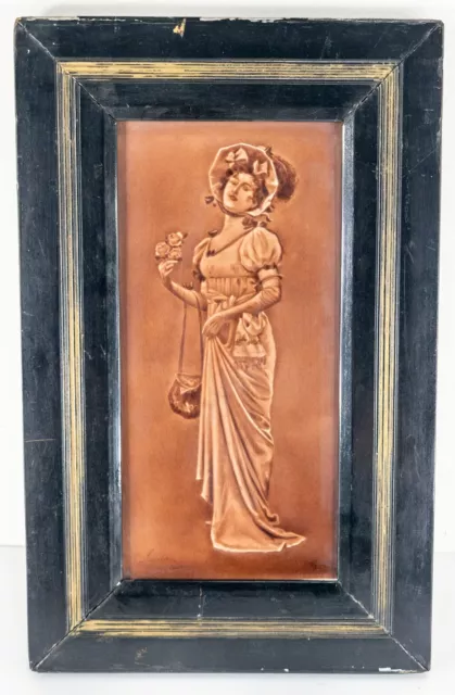 Antique English Victorian Brown Glazed Tile With Lady in Dress, Signed