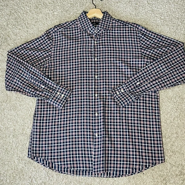 Men's Boss Hugo Boss Blue Red Plaid Long Sleeve Dress Shirt Size 17.5 Sharp Fit