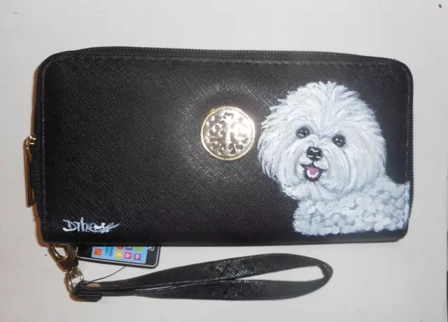 Bichon Frise Dog Wallet for Women Black Vegan Leather Wristlet  Hand Painted