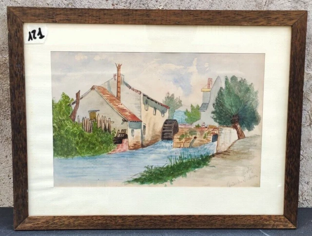 Acquerello Quadro Paesaggio Rurale Con Mulino Firmato Dipinto Originale