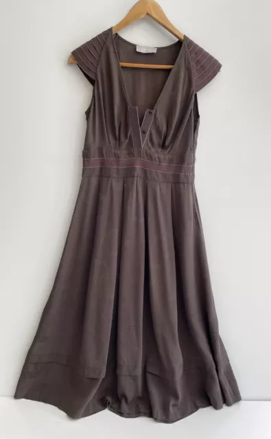 WILLOW KIT Brown Silk Detailed 90’s Aesthetic A Line Midi Dress Size 10 8