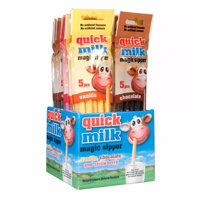 4 Beutel je 5 Trinkhalm Milch Quick Milk Erdbeere + Vanille + Schokolade