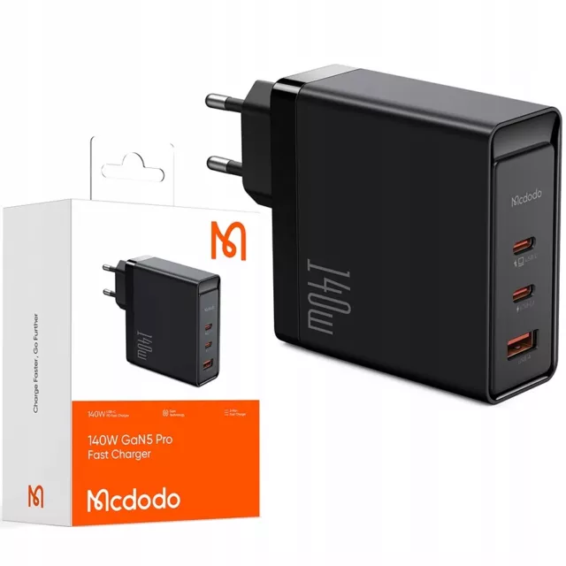 Cargador rápido, GaN, Usb-C, Usb, 3 puertos, 140W, Mcdodo