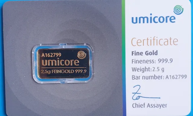 Gold 2.5 gram Umicore Bar ! Sealed in Assay !