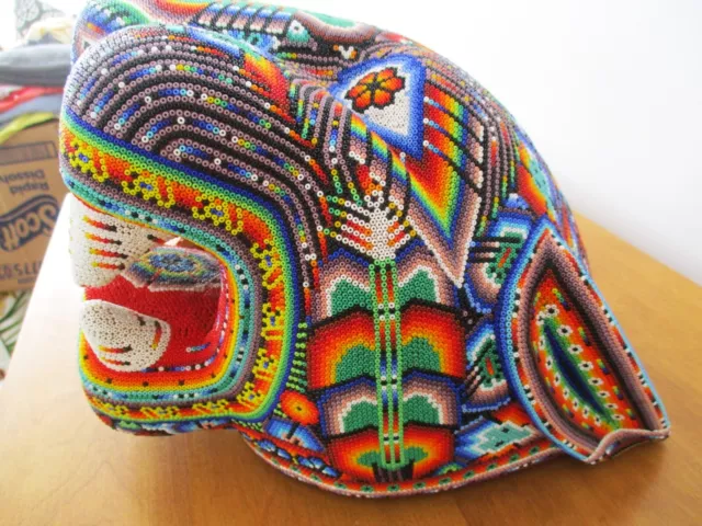 Vintage Estate Jaguar Head Art Crystal Beads On Wax Large HUICHOL MEXICO