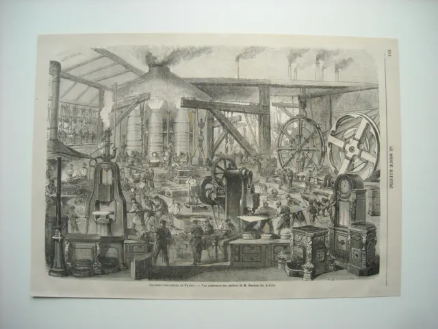 1867 Engraving. Industry. Interior View Of The Workshops Of M. Baudon Fils, A Lille.