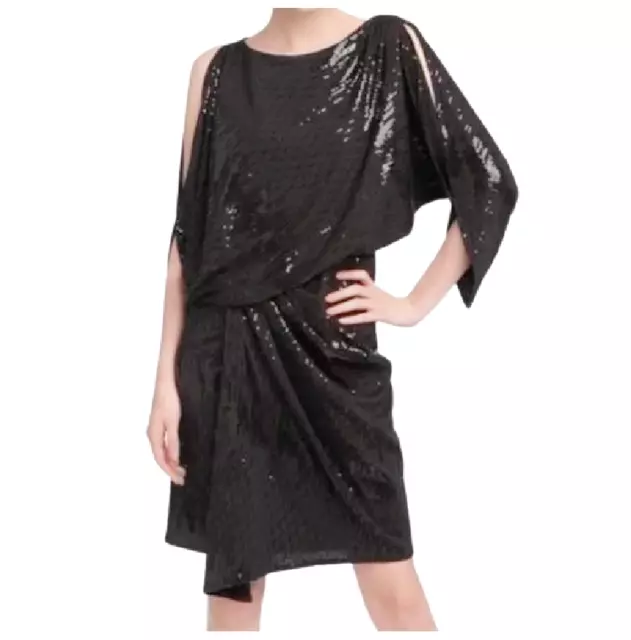 David Meister Black Sequin Cocktail Dress Size 8 Blouson Draped Slit Sleeve