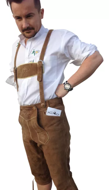 Pantaloni folcloristici in pelle folcloristici uomo pantaloni in pelle marrone Maddox camoscio pelle scamosciata
