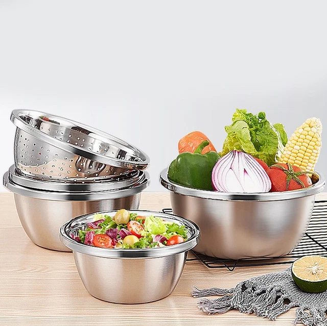 Práctico plato mezclador de cocina de acero inoxidable para cocinar, hornear y almacenar