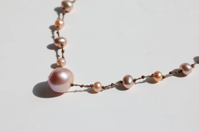 Collier En Argent 925 Avec Perles D'eau Douce Roses Et Fil Rouge Ciré - Marque Rosemimosa