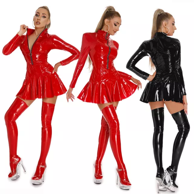 Woman Wet Look PVC Leather Bodycon Mini Dress Zipper Club Party Dress Clubwear