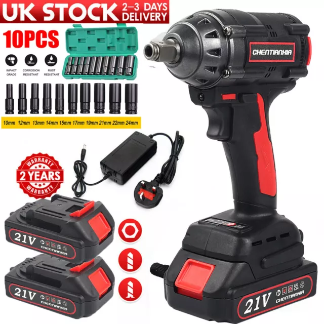 1000Nm 21V Cordless Electric Impact Wrench Drill Gun Ratchet Driver + 2 Battery