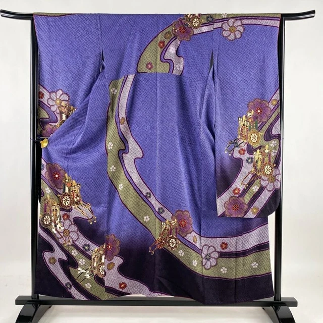 Woman Japanese Kimono Furisode Silk Shibori Goshoguruma Plum Foil BluePurple