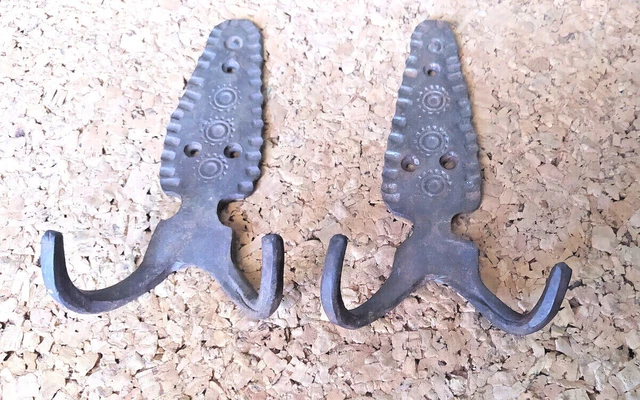 Old Primitive Cast Iron Hangers Coat Hat Hooks, Vintage Iron Towel Hooks, Rustic 7