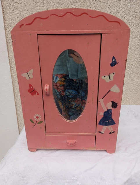 Ancienne Armoire De Poupée Avec Miroir – Jouet Vintage Début XXe Bois