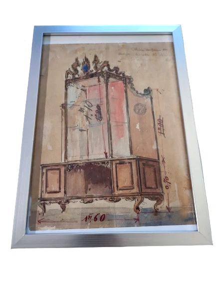 Dessin Original École Française XIXe - Projet De Cheminée à Colonnes Doriques, Aquarelle