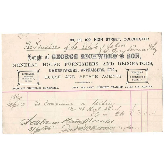 1884 Billhead, George Rickwood & Son, House Furnishers, High St COLCHESTER