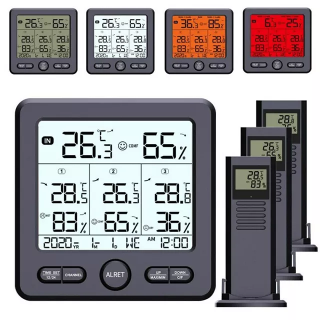 Wetterstation Digital Großer Thermometer Hygrometer mit 3 Innen Außen Sensor DHL