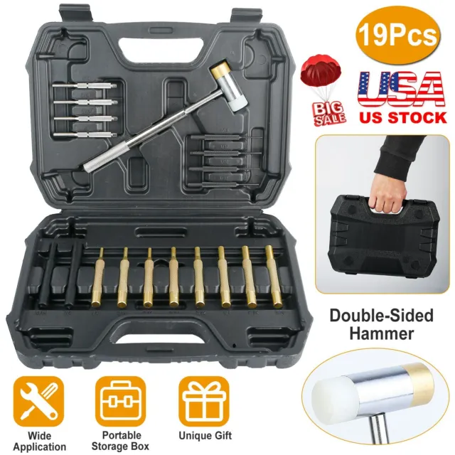 19Pcs Drift Pin Punch Set Kit Double-Faced Hammer Brass Gunsmith Maintenance