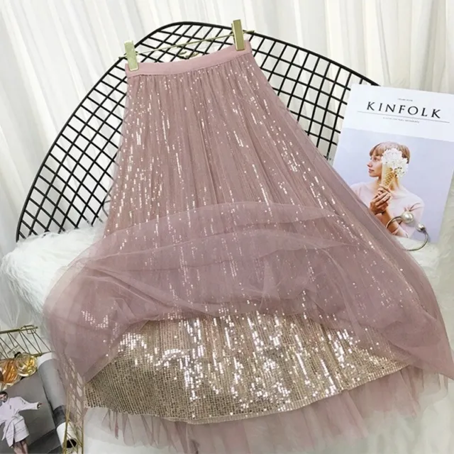 Women A Line Pleated Sequin Mesh Elastic High Waist Fairy Midi Skirt Double Laye