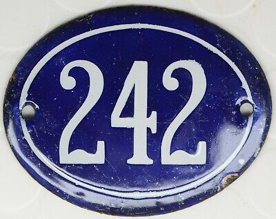 Old blue oval French house number 242 door gate plate plaque enamel steel sign