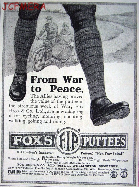 Fox's F.I.P. PUTTEES 'M/Cycle Combination' ADVERT : Small Antique 1920 Print AD