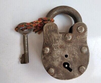 Antique Old Iron Hand Forged Newsafely Padlock With Key Working Condition Lock