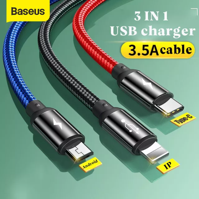Baseus 3 in 1 USB Charging Cable for iPhone 11 12 13 Samsung Phone Charger Wire