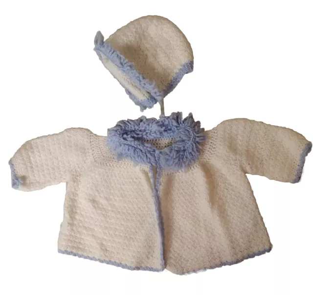 Vintage White w/ Blue Fringe Hand Crocheted Baby / Doll Sweater & Bonnet/Hat Set