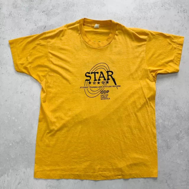 Vintage T Shirt Mens Medium Yellow Single Stitch Graphic Print 80s USA College