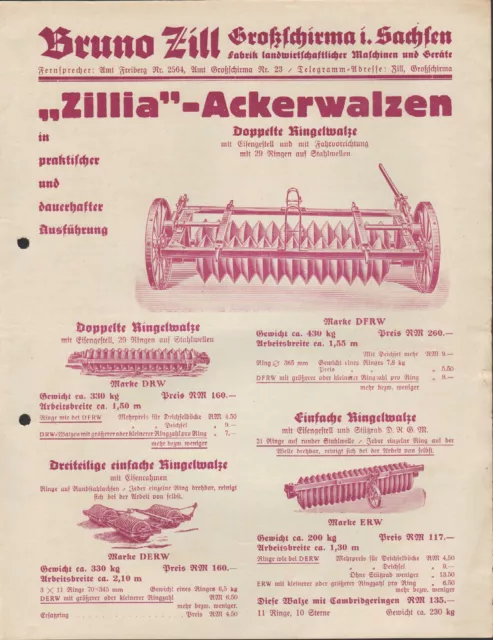 GROßSCHIRMA SA., Prospekt 1935 für "Zillia"-Acker-Walzen