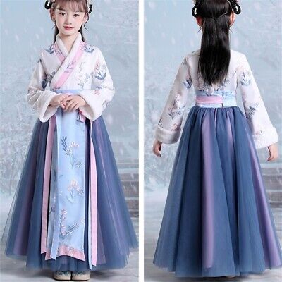 Kids Girls Chinese Swing Dress Embroidered Thick Fleece Lining Mesh Tang Suit