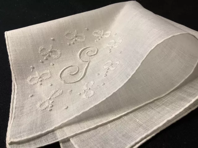 8919🌟FANCY Vintage c1940s Madeira Monogram “G” Wedding Handkerchief Heirloom