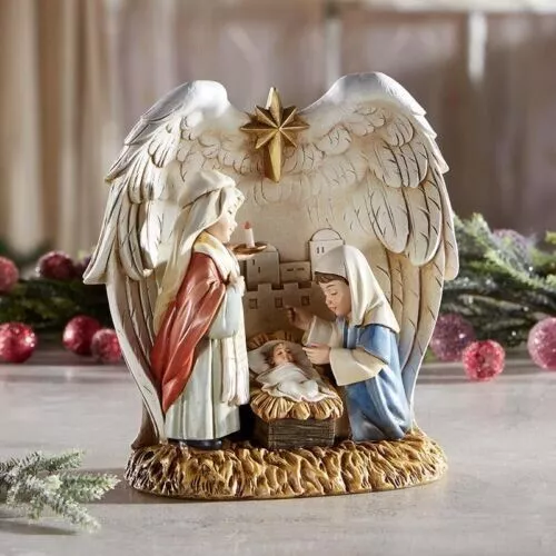 Child Like Holy Family Nativity Statue with Angel Wings 7.5" Christmas Figurine