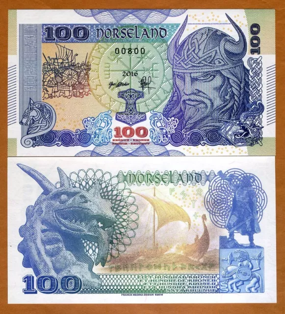 Norseland, 100 Kronur 2016, Private Issue, Essay / Specimen UNC - Viking, Dragon