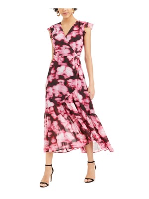 BAR III Womens Pink Floral Cap Sleeve V Neck Maxi Formal Fit + Flare Dress XS