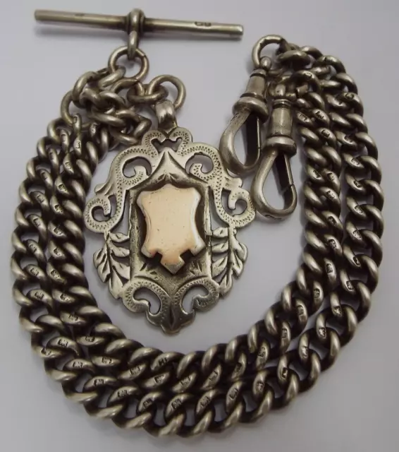 Beautiful Heavy English Antique 1926 Solid Sterling Silver Double Albert Chain