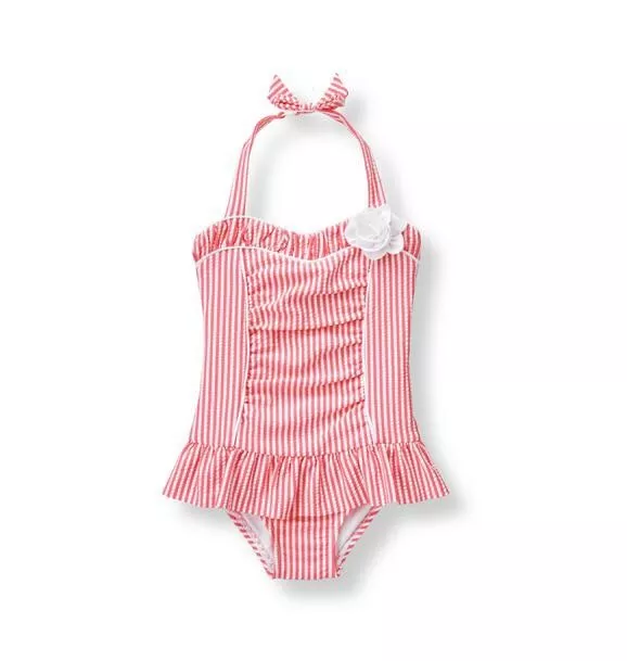 NWOT Janie & Jack Paradise Pink Seersucker One Piece Swimsuit 18-24 Months