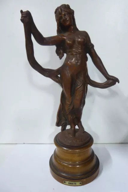 Antique French Cast Iron Statue "Gaiete" Lady Figurine Timber Plynth Art Deco
