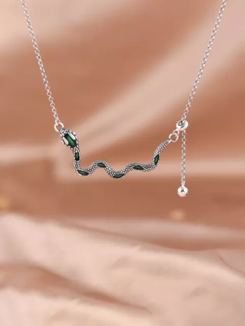 I05 Collier grün verzierte Schlange Sterling Silber 925 Anhänger Kette