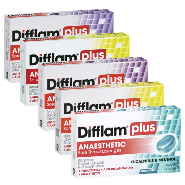 DIFFLAM PLUS ANAESTHETIC Sore Throat 16 Lozenges Choose Your Flavour ...