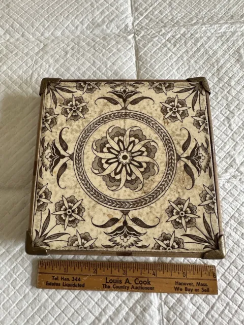 Antique Josiah Wedgwood & Sons Etruria 6” Tile Trivet Art Nouveau Brown Flowers
